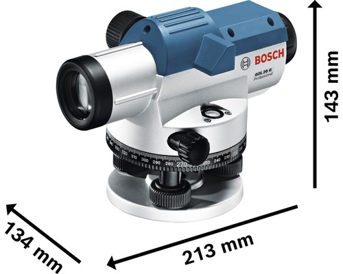 Bosch Logo GOL 20 G Professional Nivelliergerät mit den Abmessungen 213 mm Länge, 134 mm Breite und 143 mm Höhe