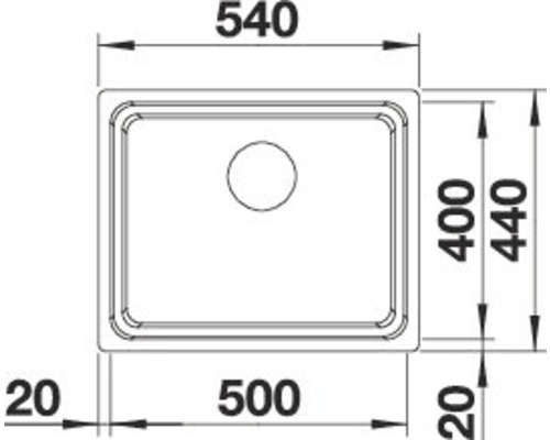 Technische Zeichnung einer Spüle mit den Maßen 540, 400, 440, 20 und 500 Millimeter.