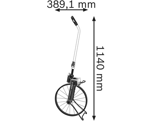 Abbildung eines Messrads mit Größenangaben: 389,1 Millimeter breit und 1140 Millimeter hoch.