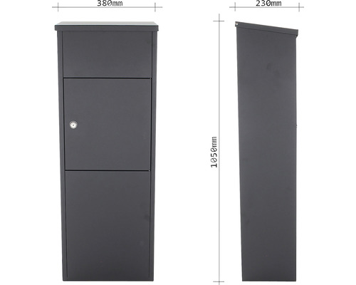 Abbildung eines Briefkastens mit den Maßen 380 mm Breite, 1050 mm Höhe und 230 mm Tiefe.
