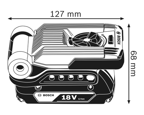 Bosch Akku-Strahler Abmessungen: 127 mm Breite und 68 mm Höhe
