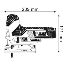 Zeichnung einer Stichsäge mit Maßangaben 239 mm und 171 mm.