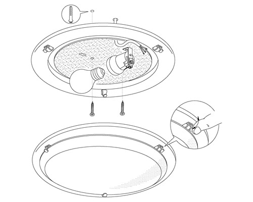 Montageanleitung für eine Deckenleuchte mit Schrauben, Dübel und Glühbirne