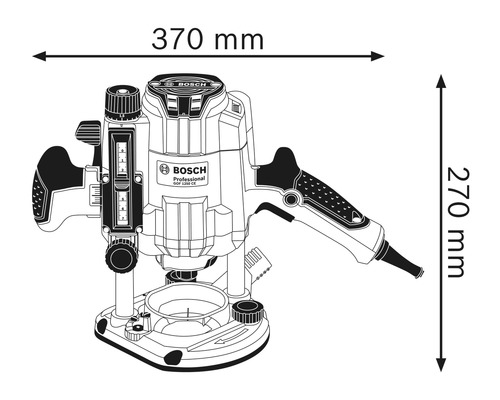 Bosch Professional GOF 1250 CE Fräse mit Abmessungen 370 mm mal 270 mm