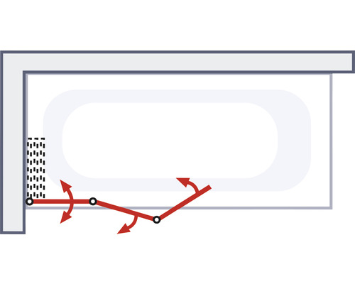 Skizze einer Badewanne mit Armatur und Bewegungsradius