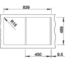 Technische Zeichnung einer Spüle mit den Maßen 839 x 489 mm