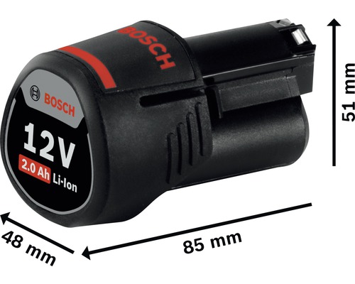 Bosch 12 Volt 2.0 Ah Lithium-Ionen Akku mit Abmessungen