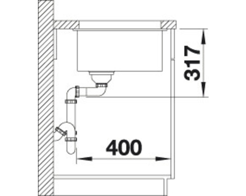 Technische Zeichnung einer Spüle mit Abmessungen