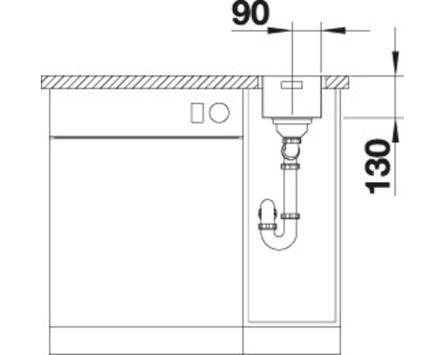 Skizze einer Spüle mit Siphon und Maßangaben
