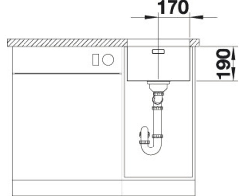 Technische Zeichnung eines Spülbeckens mit Abmessungen von 170 mal 190 Millimeter