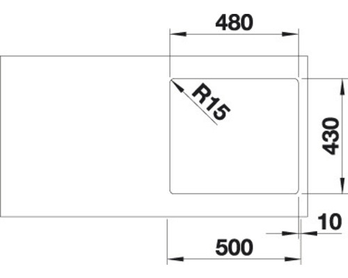 Technische Zeichnung einer Spüle mit den Maßen 480, 430, 500 und 10.
