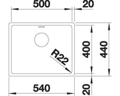 Zeichnung einer Spüle mit den Maßen 500, 540, 400, 440 und 20 Millimeter.