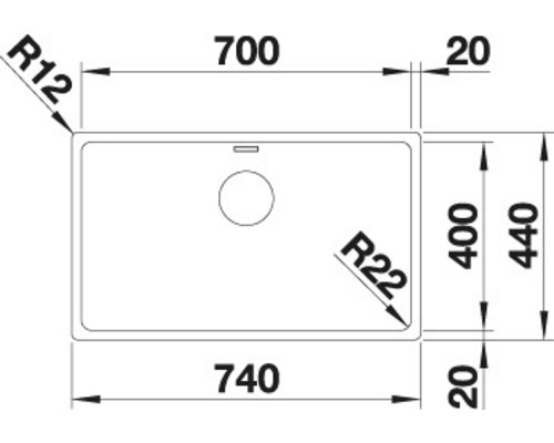 Technische Zeichnung einer Spüle mit Maßangaben