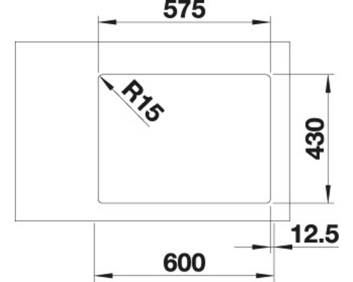 Technische Zeichnung einer Spüle mit den Maßen 600 x 430 x 575 mm und einem Radius von 15 mm.