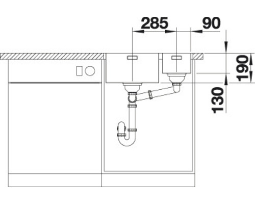 Installationszeichnung für eine Spüle mit zwei Becken, die die Abmessungen und den Installationsaufbau zeigt.