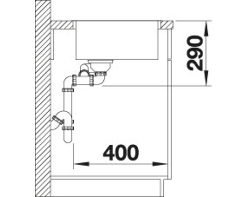 Skizze einer Spüle mit Ablaufgarnitur und Maßangaben 290 und 400