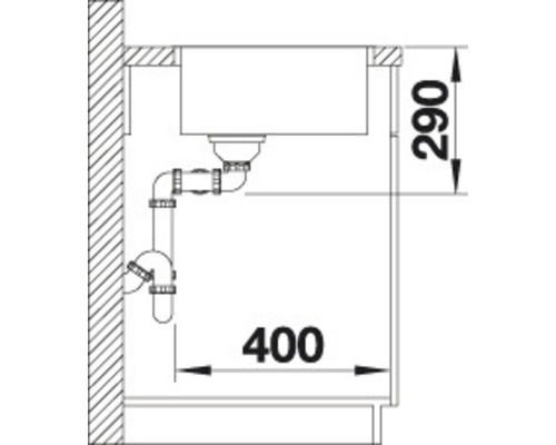 Skizze eines Spültischs mit Siphon und Maßangaben