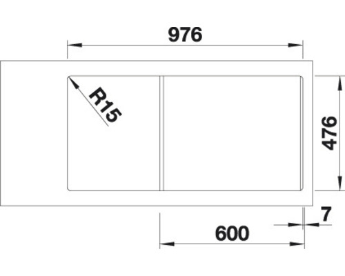 Technische Zeichnung einer Spüle mit Maßangaben
