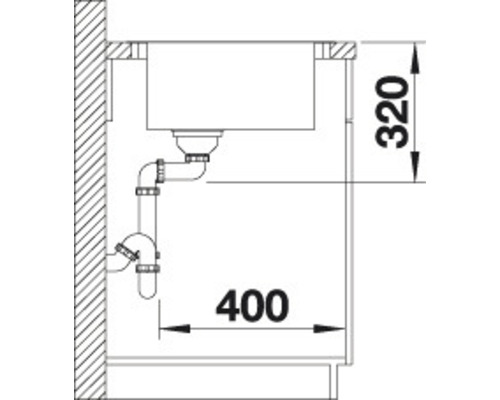 Skizze einer Spüle mit Abmessungen