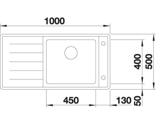 Technische Zeichnung einer Spüle mit Abmessungen