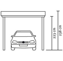 Skizze eines Carports mit Höhenangaben von 223 Zentimetern und 238 Zentimetern