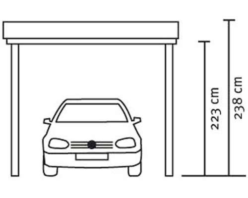 Skizze eines Carports mit den Maßen 223 Zentimeter und 238 Zentimeter.