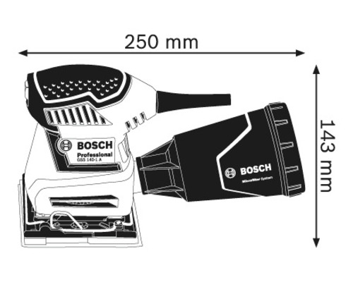 Bosch GSS 140-1 A Schwingschleifer mit den Maßen 250 mm Länge und 143 mm Höhe
