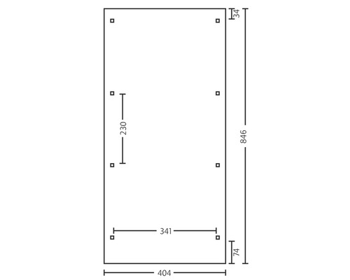 Technische Zeichnung mit Maßangaben: 846 mm hoch, 404 mm breit, Abstand oben 34 mm, Abstand unten 74 mm, Abstand seitlich 230 mm, Abstand Mitte 341 mm