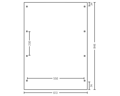 Technische Zeichnung mit Maßangaben eines Rechtecks: 613, 846, 550, 230, 74 und 34