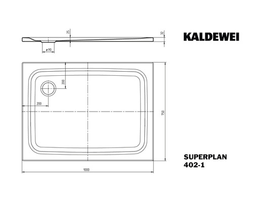 Technische Zeichnung einer Kaldewei Superplan Duschwanne mit Maßangaben