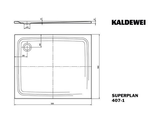 Kaldewei Superplan Duschwannen-Skizze mit Maßangaben