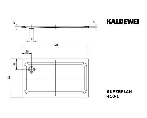Kaldewei Superplan 410-1 Duschtasse technische Zeichnung mit Maßangaben