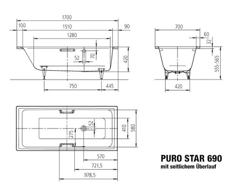 Technische Zeichnung der Badewanne Puro Star 690 mit seitlichem Überlauf und Maßangaben