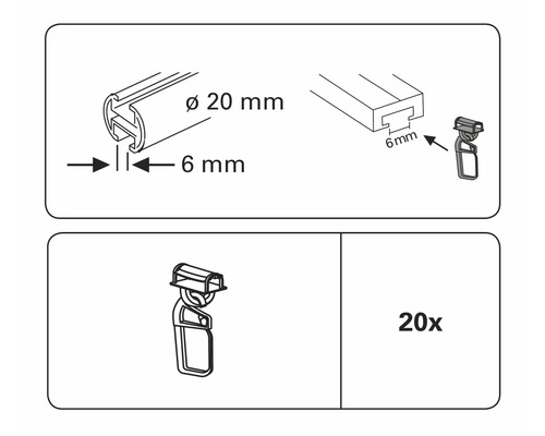 Abbildung von Gardinenschiene mit den Maßen 20 Millimeter Durchmesser und 6 Millimeter Breite, sowie 20 Stück Gardinenhaken