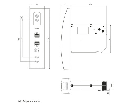 Technische Zeichnung einer Duschpaneel mit Maßangaben in Millimetern.