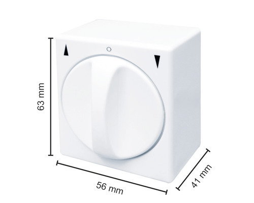 Weißer Zeitschaltuhr-Einsatz mit Drehknopf und Maßangaben