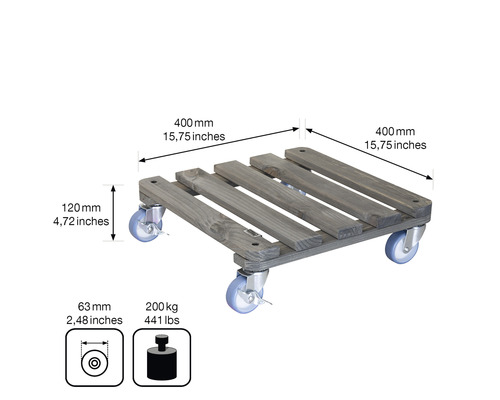 Pflanzenroller aus Holz mit Rollen, Abmessungen 400 x 400 mm