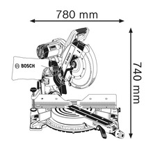 Abbildung einer Kapp- und Gehrungssäge mit den Abmessungen 780 mm Breite und 740 mm Höhe.