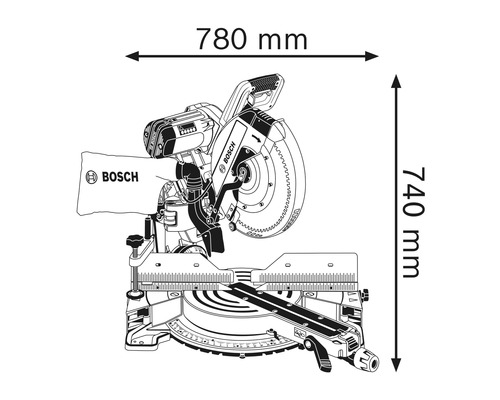 Abbildung einer Kapp- und Gehrungssäge mit den Abmessungen 780 mm Breite und 740 mm Höhe.