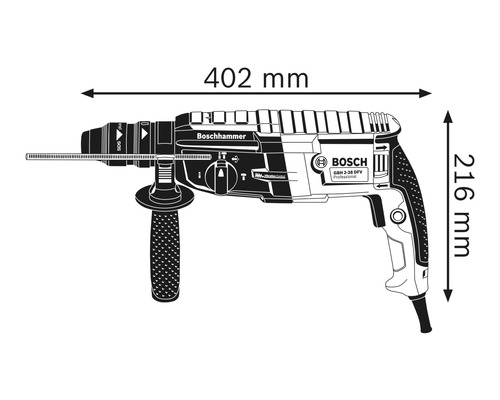 Bosch Bohrhammer mit den Maßen 402 mm Länge und 216 mm Höhe