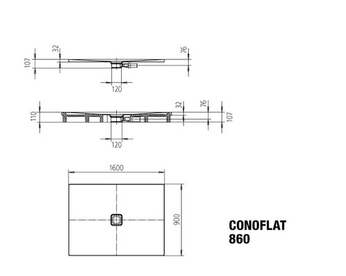 Technische Zeichnung Conoflat Duschwanne 1600 x 900 mm