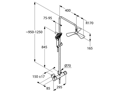 Technische Zeichnung einer Duscharmatur mit Maßangaben