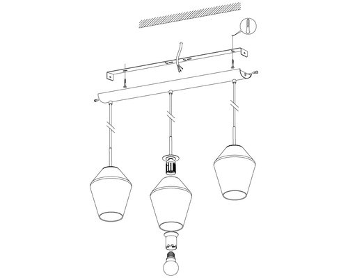 Zeichnung einer Hängelampe mit drei Leuchten und Montageanleitung