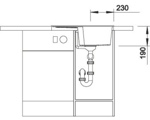 Technische Zeichnung eines Spültischunterschranks mit Spüle und Maßangaben