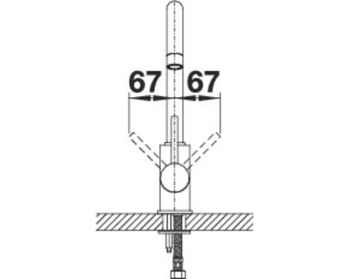 Technische Zeichnung einer Armatur mit Maßangaben von 67 Millimetern