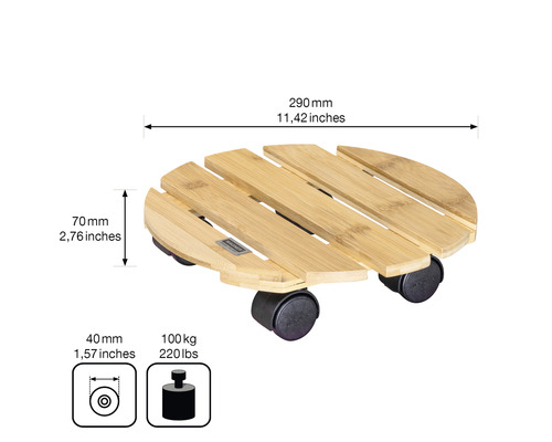 Rolluntersetzer aus Bambus mit den Maßen 290 x 70 mm und einer Traglast von 100 kg