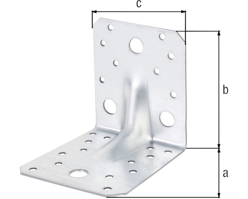 Winkelverbinder aus Metall mit Löchern und den Markierungen a, b und c