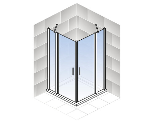Eckdusche mit Glastüren in Badezimmerumgebung