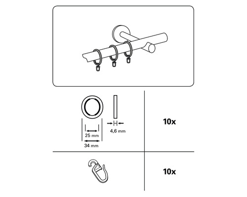 Gardinenstangenringe mit Clip, 10 Stück
