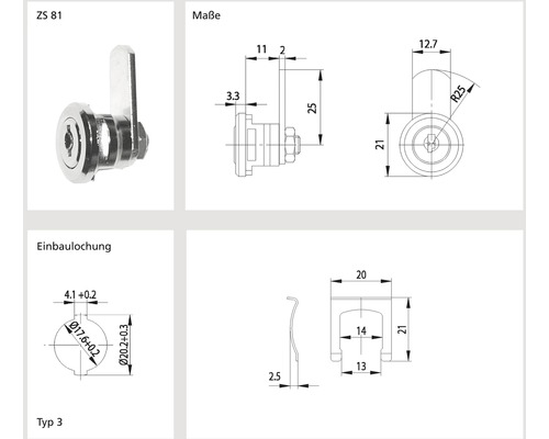 Schrankschloss ZS 81 mit Maßangaben und Einbaulochung Typ 3